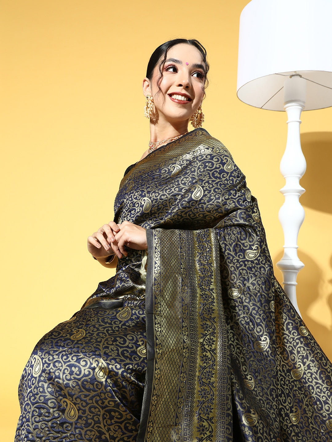 Saree Mall Navy Blue & Gold-Toned Ethnic Motifs Zari Silk Blend Banarasi Sarees
