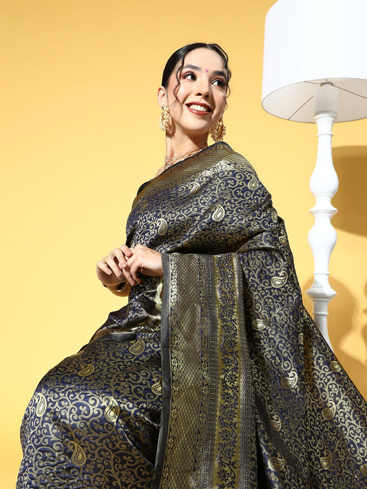 Saree Mall Navy Blue & Gold-Toned Ethnic Motifs Zari Silk Blend Banarasi Sarees