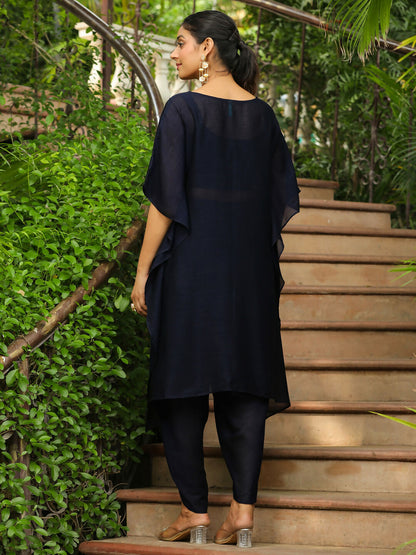 Janasya Navy Blue Silk Blend Yoke Embroidery Co-Ords