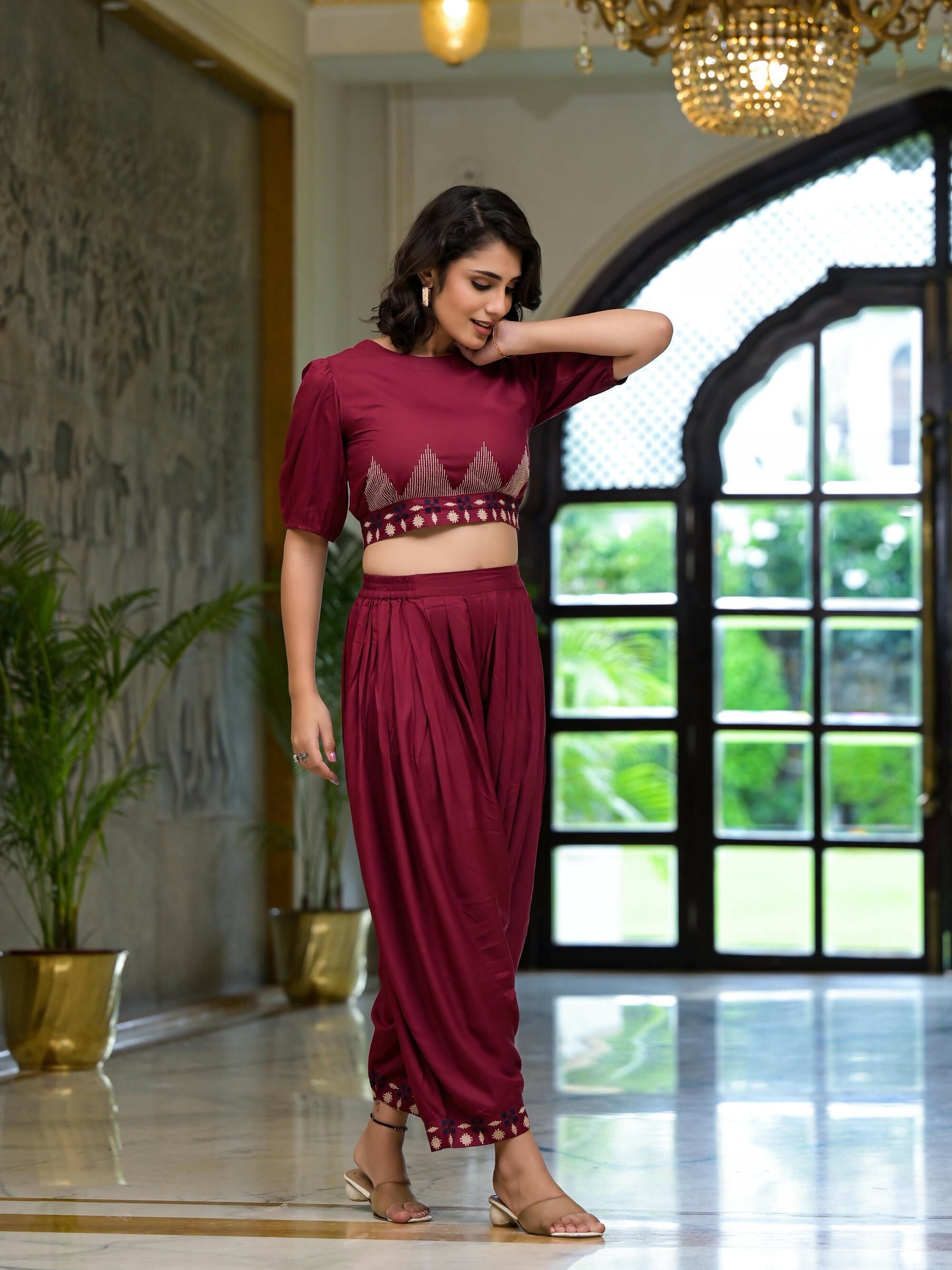Juniper Women's Rust Thread Embroidered Rayon Top & Dhoti Pant Set