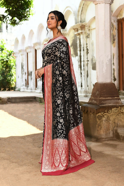 Joban Fashion Black Crepe Chiffon Pure Handloom Banarasi Silk Saree