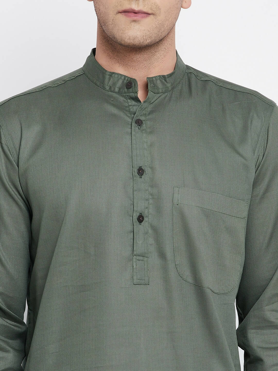 Even Apparels Green Color Linen Men's Kurta With Band Collar