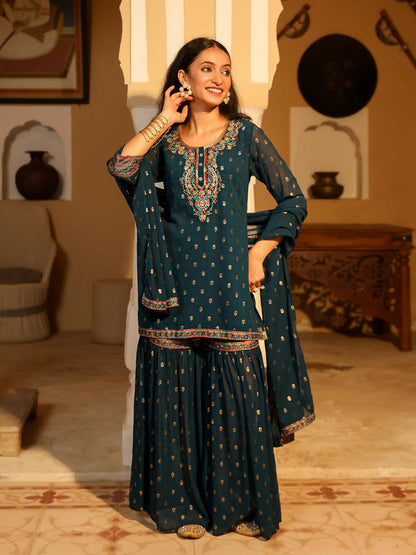Juniper Women's The Swarn Teal Ethnic Motif Printed Georgette Kurta Pant And Dupatta With Sequins & Zari Work