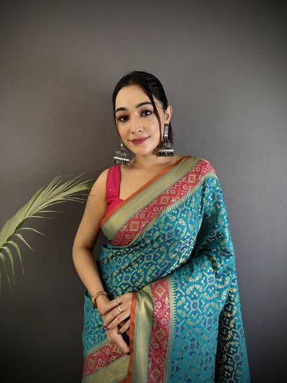Joban Fashion Aqua Blue Patola Soft Silk Patola Saree