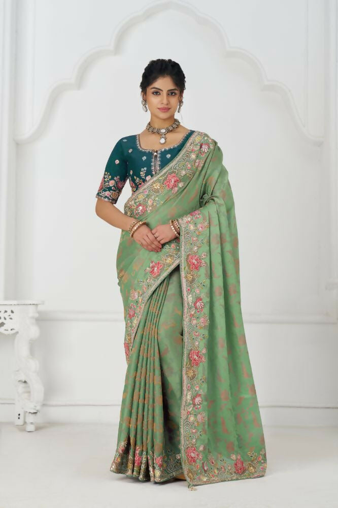 Kesar Fab Grace In Green: Multi-Thread Embroidered With Floral Elegance Saree