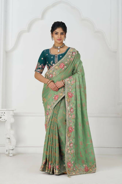 Kesar Fab Grace In Green: Multi-Thread Embroidered With Floral Elegance Saree