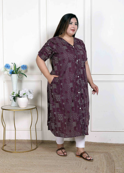 Miravan Women's Plus Size Wine Mandarin Neck Floral Printed A-Line Party wear Kurta