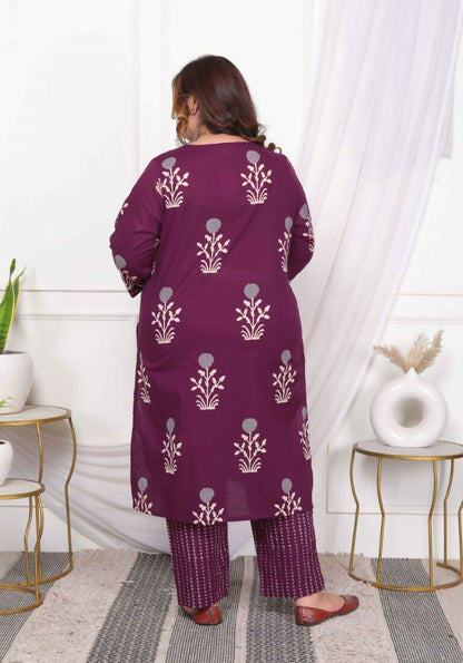 Miravan Women's Plus Size Cotton Fabric Purple Color Kurta With Palazzo And Dupatta