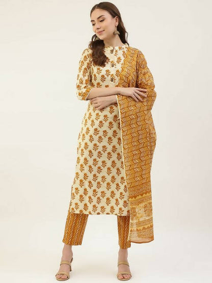 FIORRA Women's Yellow Cotton Straight Kurta Pant With Dupatta
