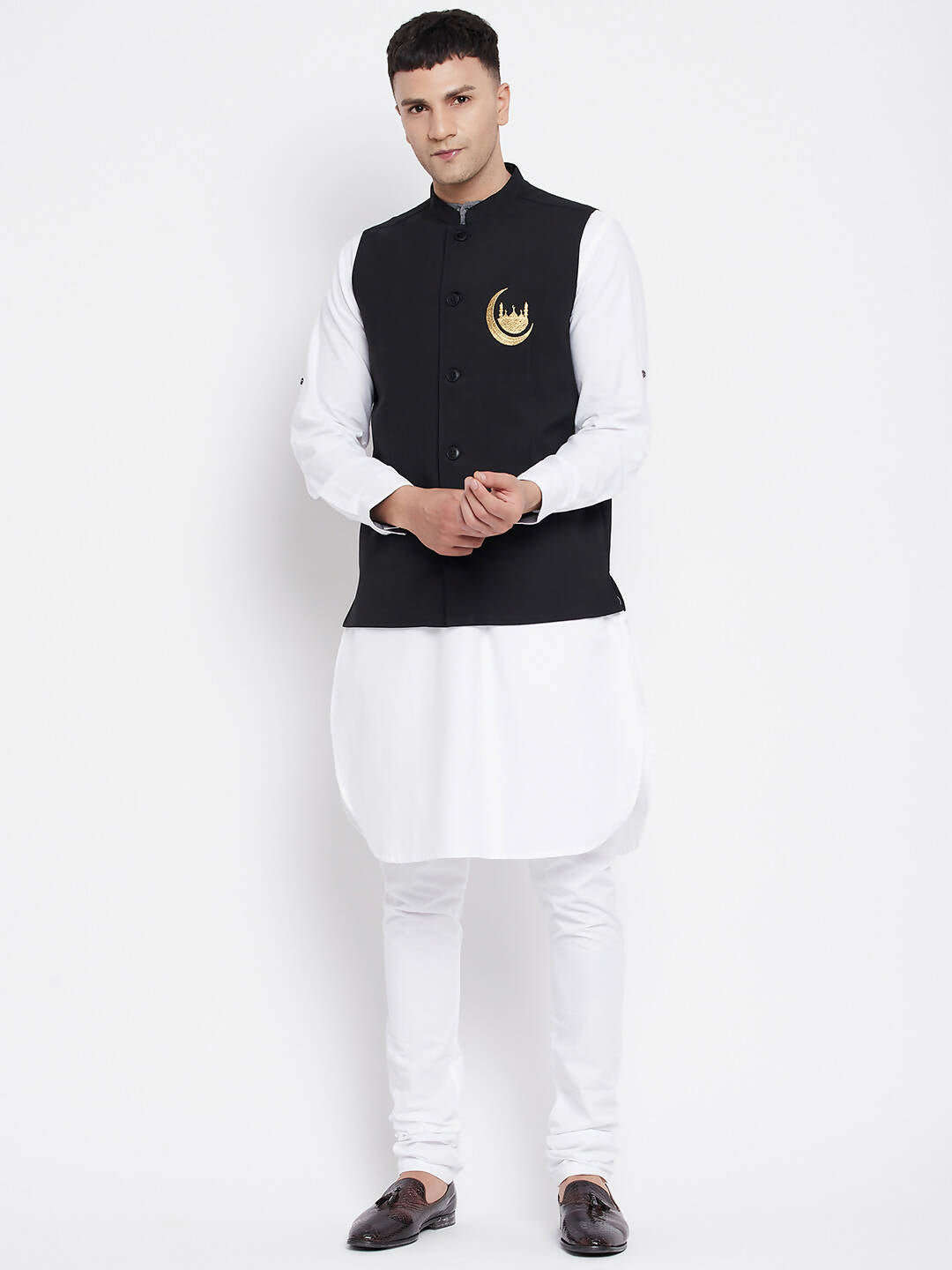 Even Apparels Black Pure Cotton Nehru Jacket With Eid Insignia NJ-PW668-CHA