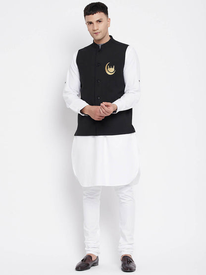 Even Apparels Black Pure Cotton Nehru Jacket With Eid Insignia NJ-PW668-CHA