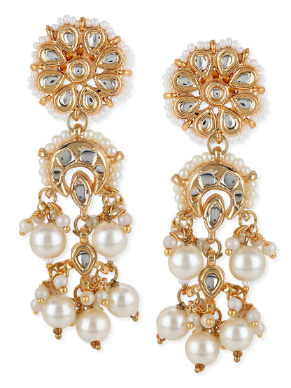 Gold-Toned White Pearl Beaded Contemporary Gold-Polished Jhumkas Earrings - Ruby Raang