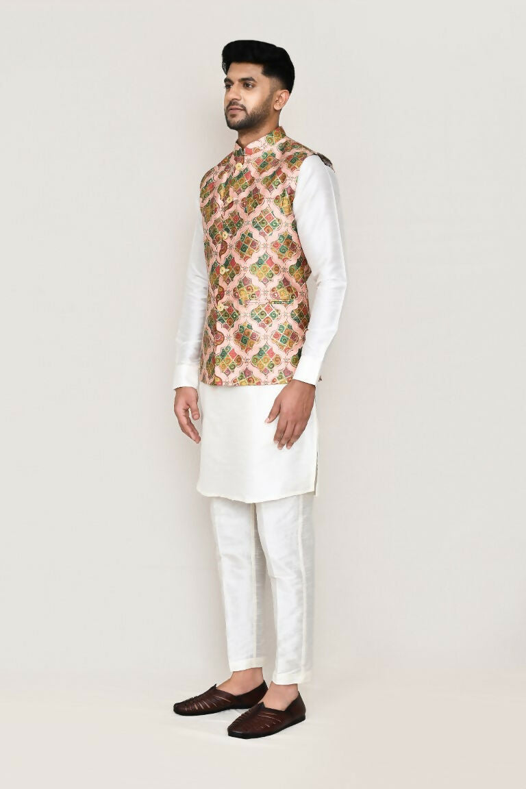 Joban Fashion White Colored Art Silk Fabric Kurta, Jacket With Straight Fit Pant