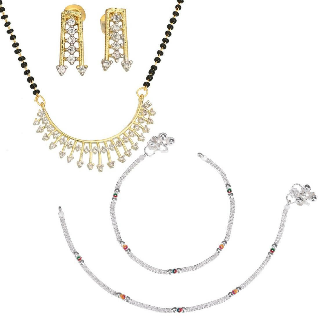 AanyaCentric Gold-Polished Mangalsutra Pendant Earring Set & Silver Plated Anklet