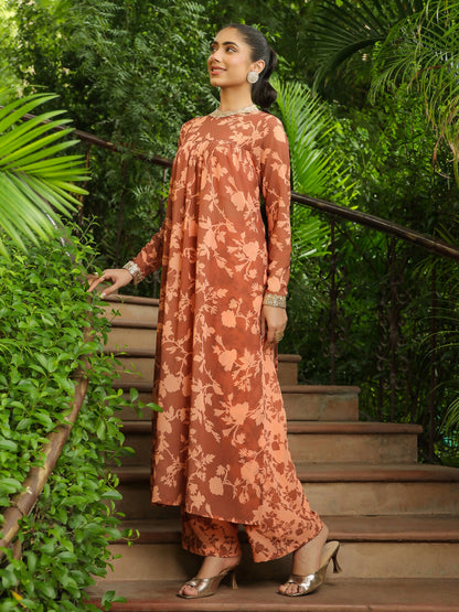 Janasya Brown Georgette Floral Kurta, Bottom & Inner