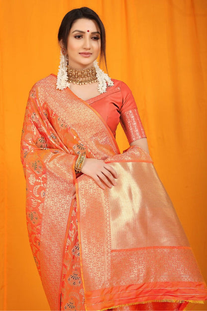 Jyoti Fashion Women's Orange Kanjivaram Silk Zari Woven Saree with Blouse