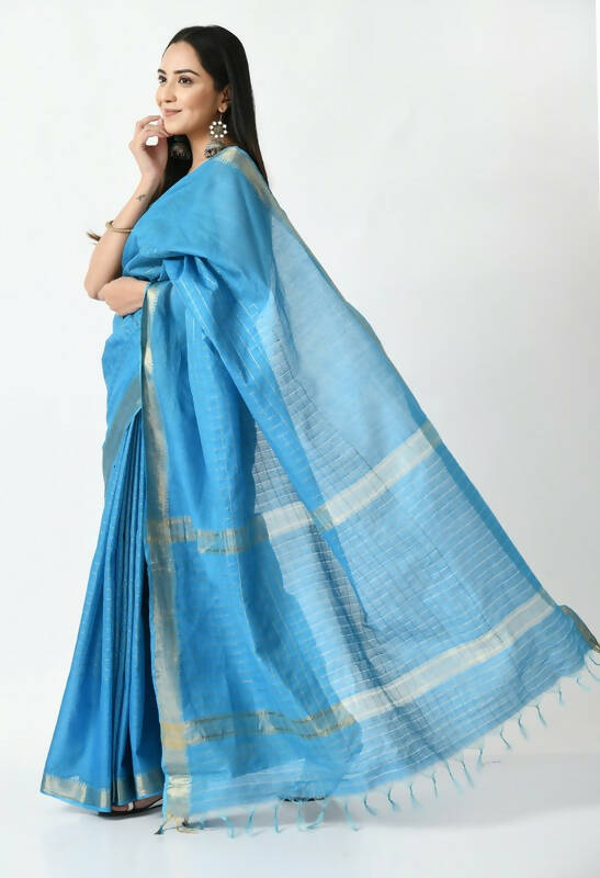 Mominos Fashion Moeza Sky Blue Bhagalpuri Handloom Silk Raj Shree Saree with unstitched Blouse piece