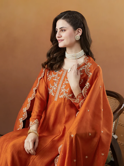 The52 Orange Women's Beautiful Vichitra Silk Fabric Embroidered Work Flared Anarkali Pant and Dupatta Set