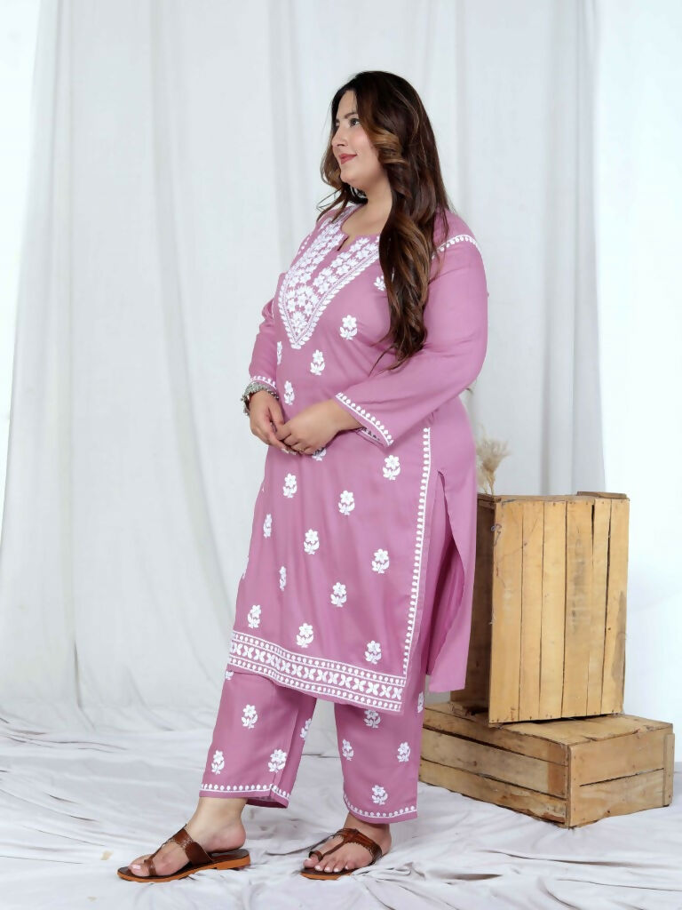 Miravan Women's Plus Size Chikankari Embroidery Pink Straight Kurta And Palazzo Set