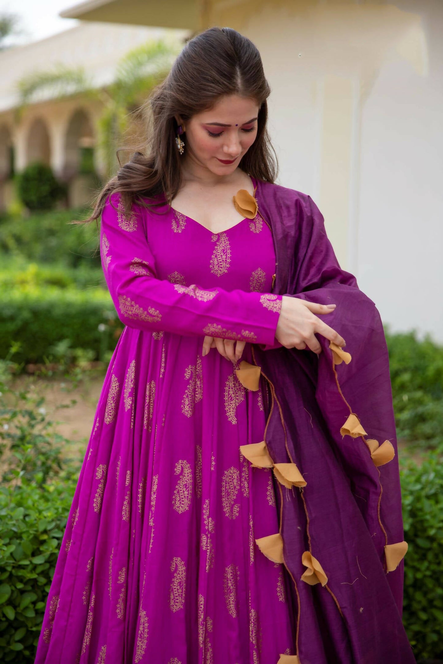 Purple Pure Reyon Gold Foil Work Stitched Suit With Dupatta - Anbazaar