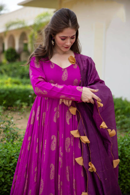 Purple Pure Reyon Gold Foil Work Stitched Suit With Dupatta - Anbazaar