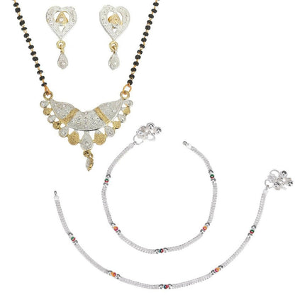 AanyaCentric Gold-Polished Mangalsutra Pendant Earring Set & Silver Plated Anklet