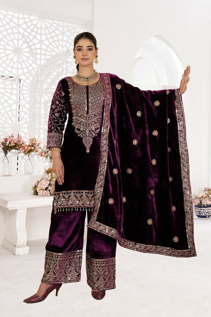 Joban Fashion Wine Velvet Sequence Embroidery Work Kurta Set