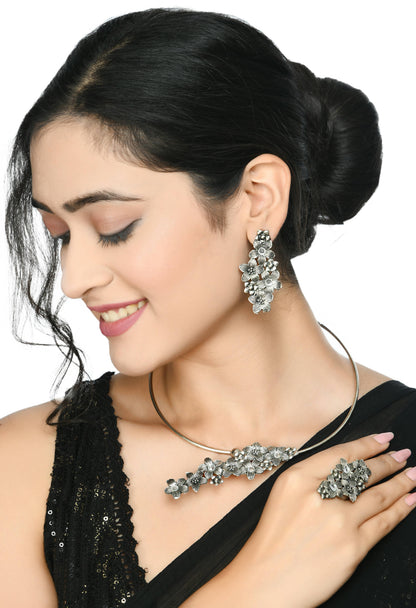 Mominos Fashion Johar Kamal Oxidised Silver-Plated Hasli Design Necklace Choker Set For Women
