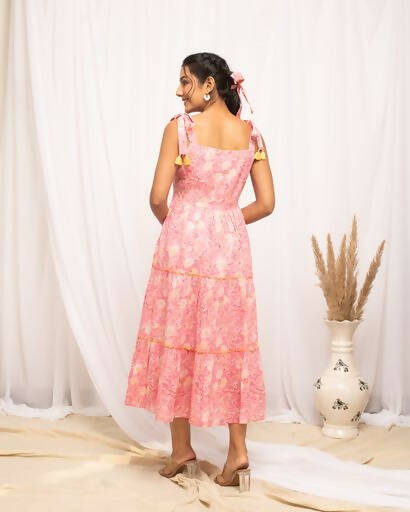FIORRA Women's Peach Cotton Floral Printed Western Dress