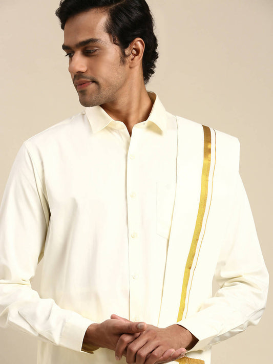 Ramraj Cotton Premium Wedding Cream Regular Dhoti, Shirt & Towel Set Arathi 3/4"