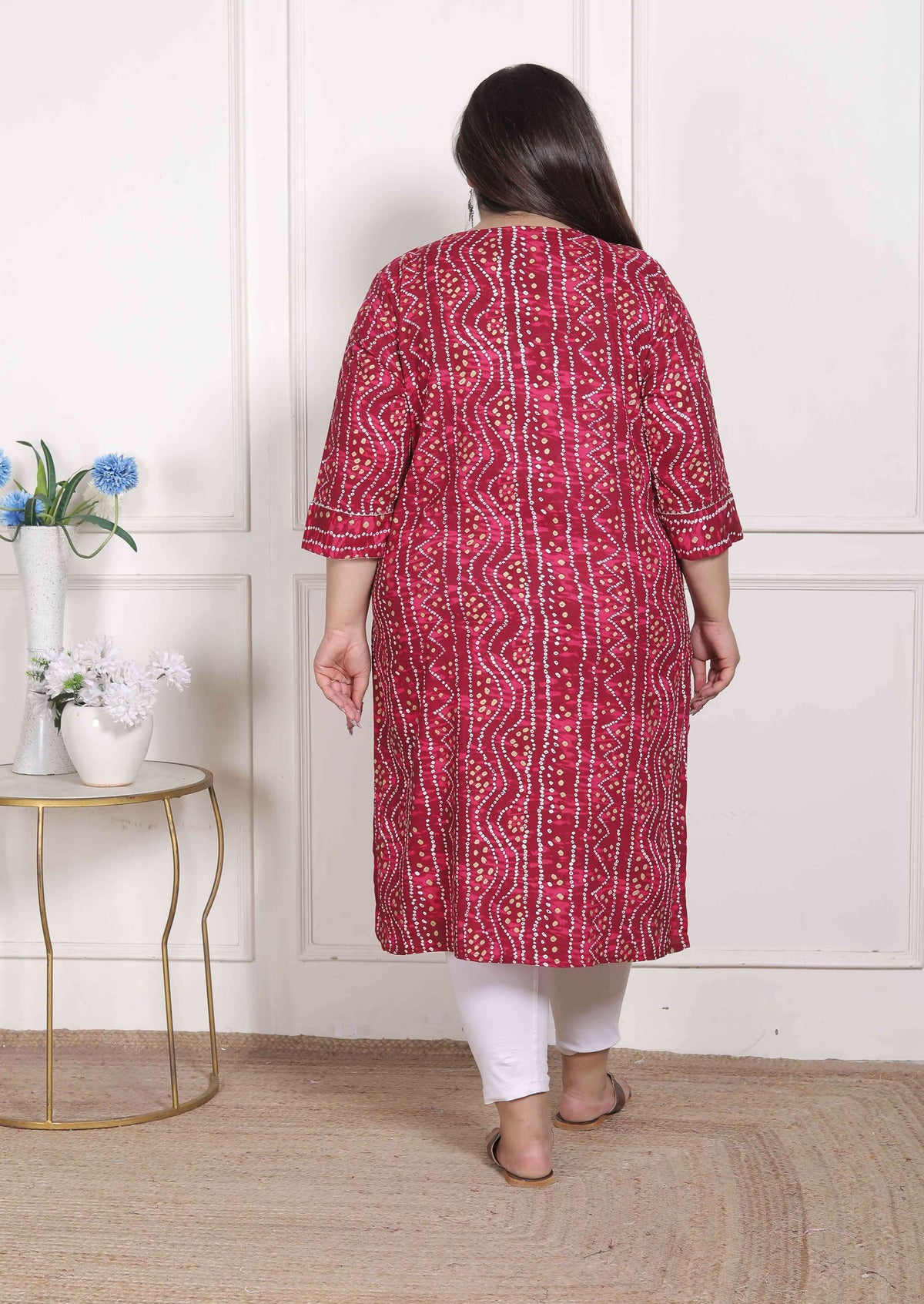 Miravan Women's Plus Size Bandhej Printed Rayon Kurta Magenta