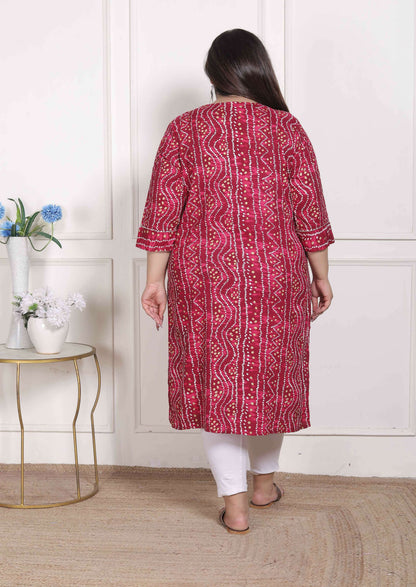 Miravan Women's Plus Size Bandhej Printed Rayon Kurta Magenta
