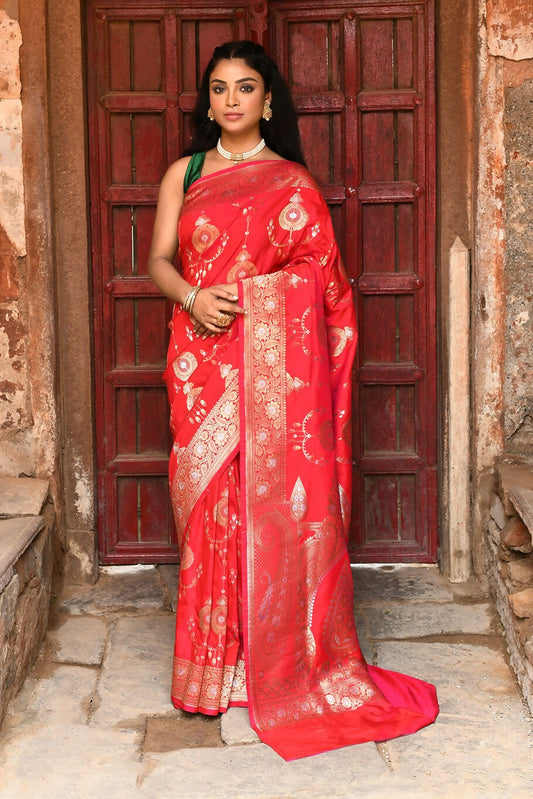 Joban Fashion Red Soft Pure Handloom Banarasi Silk Saree