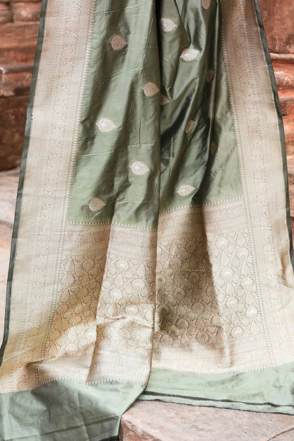 Joban Fashion Dusty Olive Banarasi Katan Pure Handloom Silk Saree