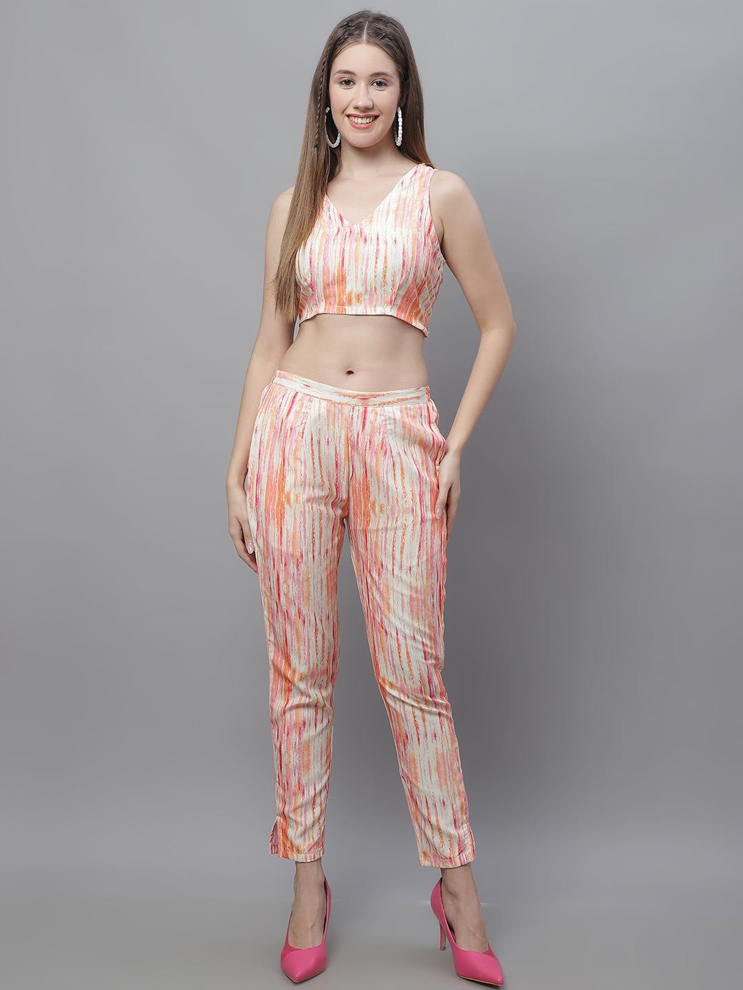 Jainish Women's WoDigital Printed Crop Top and Jacket Set - Orange