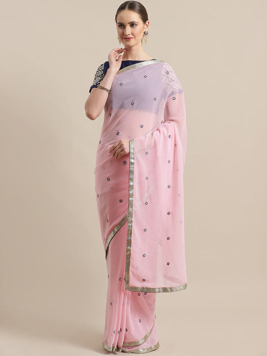 Saree Mall Pink & Navy Blue Embroidered Saree