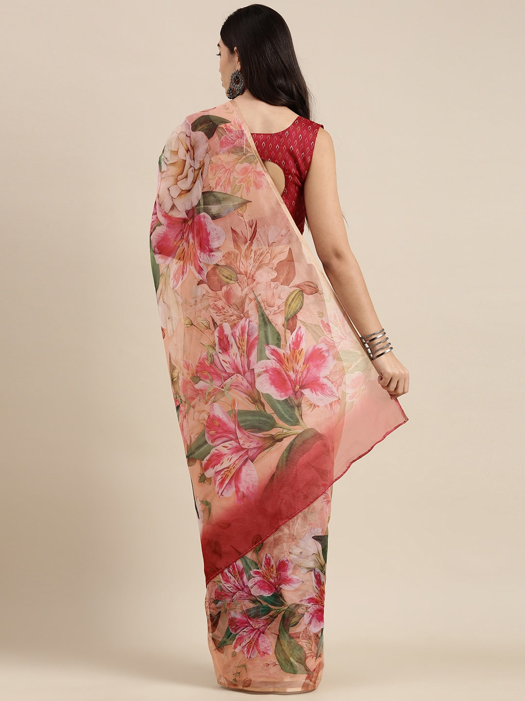 Saree Mall Pink Floral Printed Organza Sarees