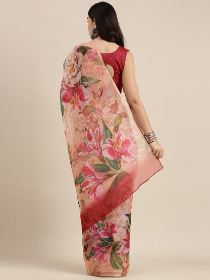 Saree Mall Pink Floral Printed Organza Sarees