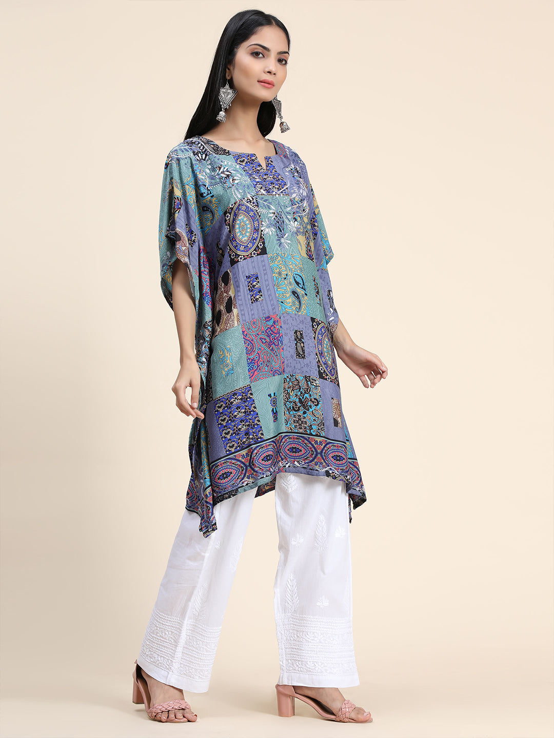 HOUSE OF KARI Ethnic Motifs Printed Notched Neck Chikankari Embroidery Cotton Kaftan Kurta