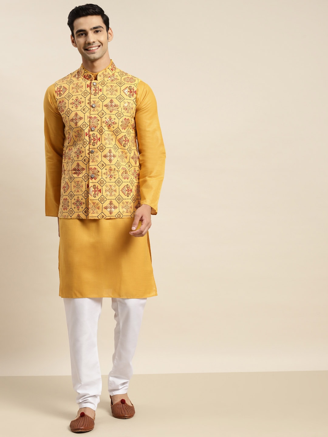 Sojanya Men Mustard Yellow Pure Cotton Kurta with Churidar & Nehru Jacket