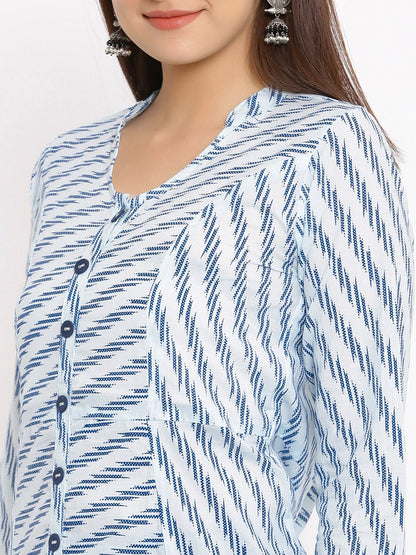 HERE&NOW Blue & White Striped Mandarin Collar Kurta