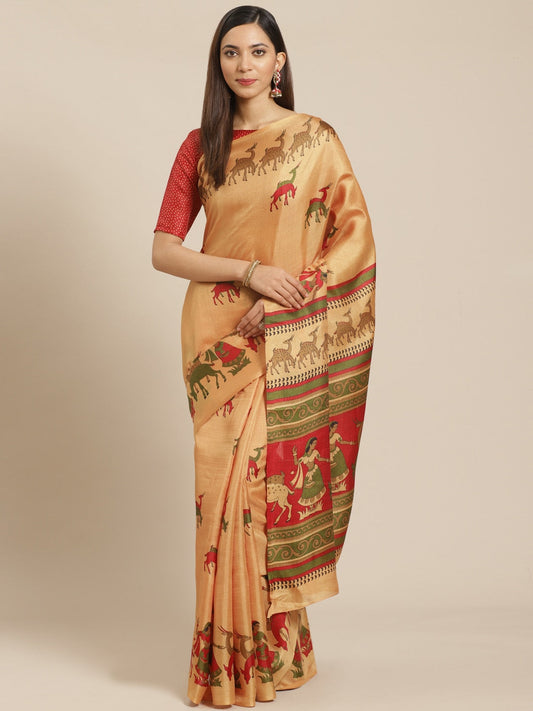 Saree Mall Golden & Maroon Printed Bhagalpuri Saree