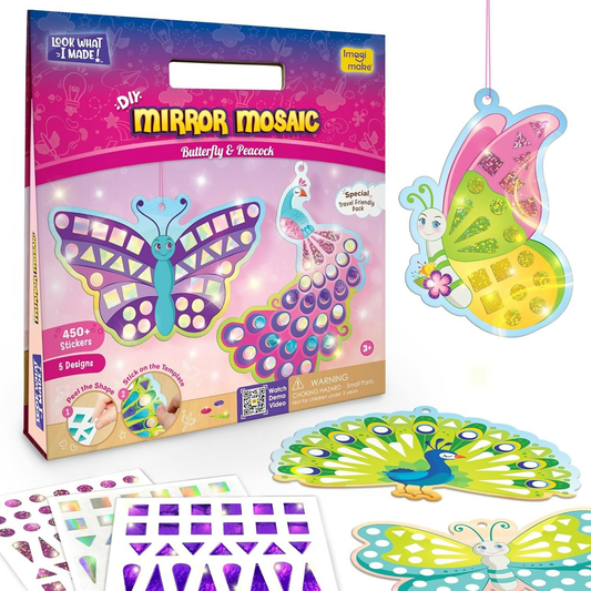 Imagimake Mirror Mosaic Butterfly & Peacock Mess Free DIY Mosaic Craft Kit 450+ Foil Sticker Travel Toys for Girls Birthday Gift for Girls Ages 3,4,5,6,7,8, Peach