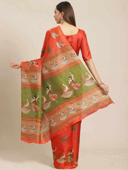 Saree Mall Rust Red & Green Printed Saree