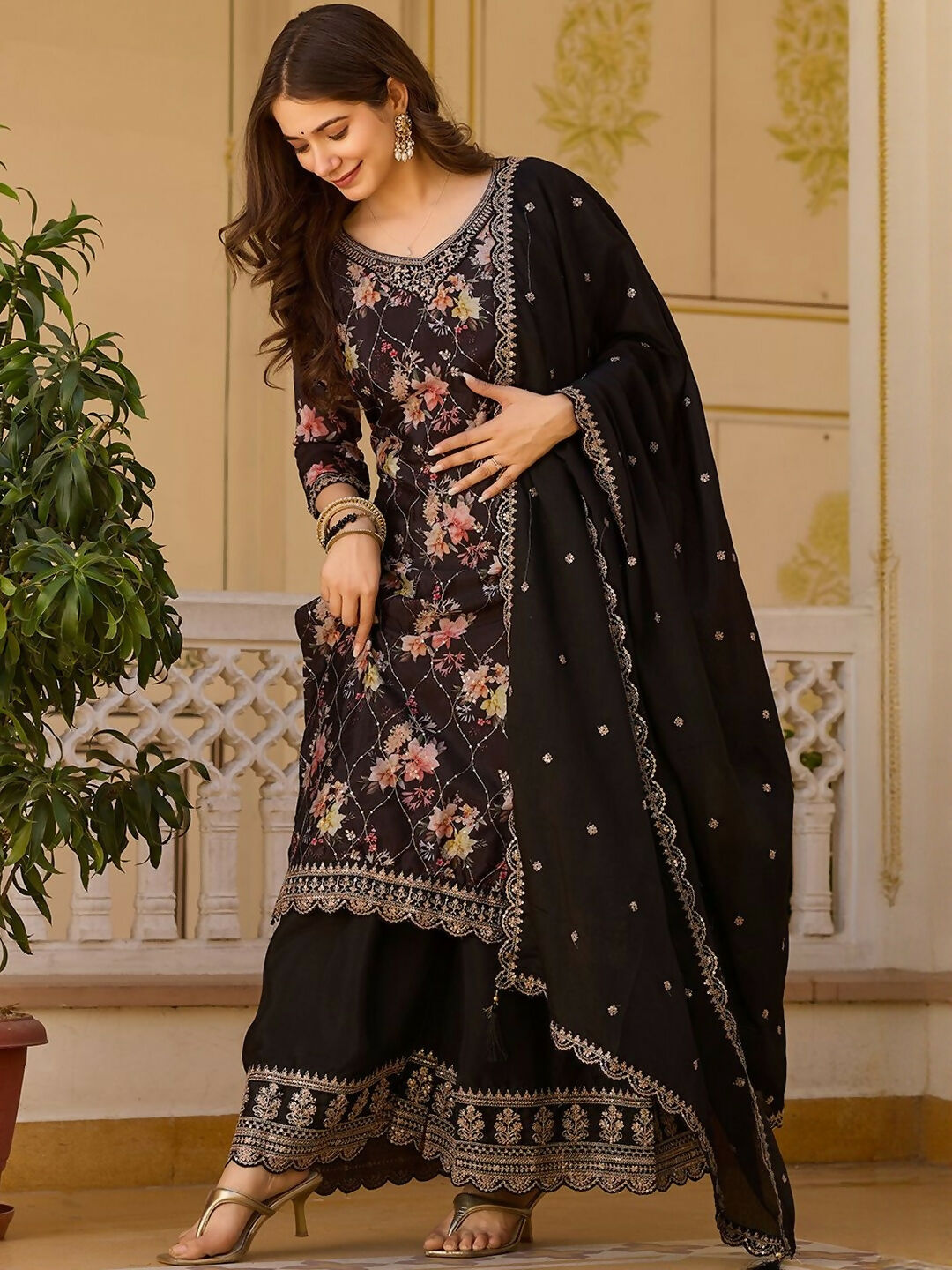 The52 Black Women's Gorgeous Embroidered Chinon Fabric Straight Kurta Palazzo and Dupatta Set