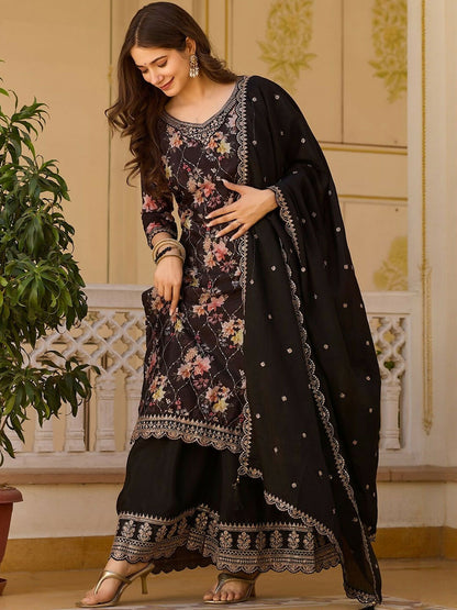 The52 Black Women's Gorgeous Embroidered Chinon Fabric Straight Kurta Palazzo and Dupatta Set