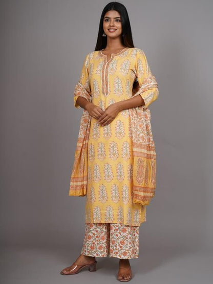 HERE&NOW Women Yellow Floral Printed Thread Work Kurta with Palazzos & With Dupatta