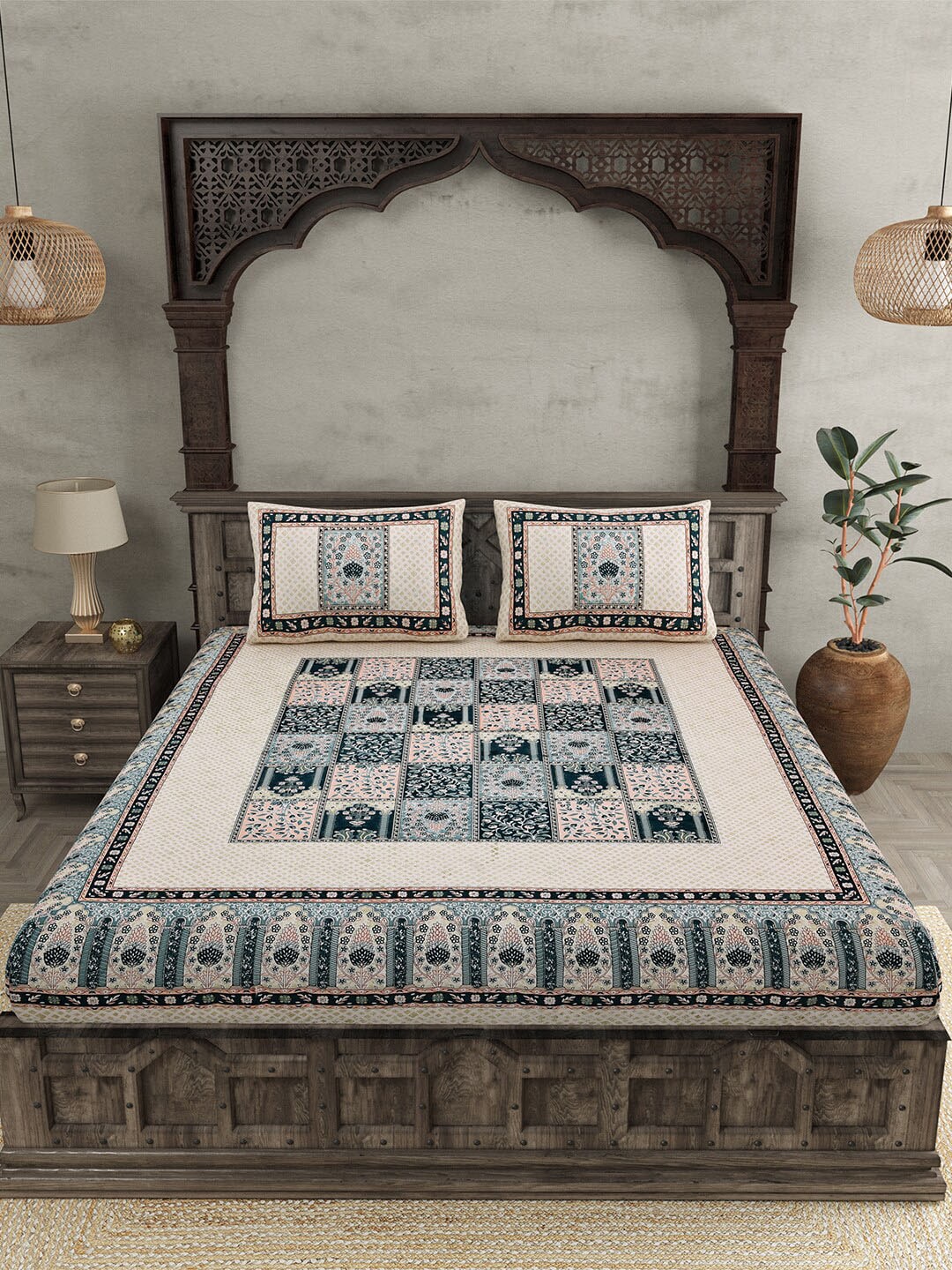 JAIPUR FABRIC Beige & Green Ethnic Motifs Cotton 210 TC Queen Bedsheet & 2 Pillow Covers