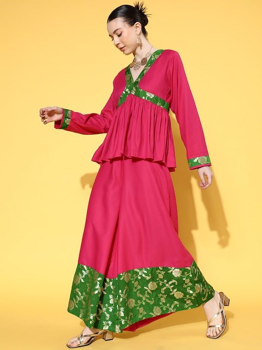 InWeave Women's Fuchsia Green Brocade Mughal Shaan Kurta Palazzo Set