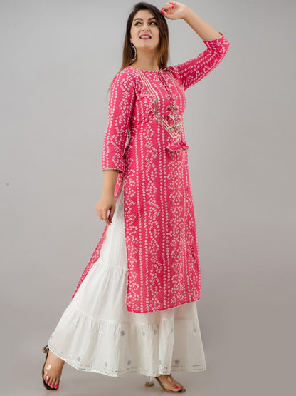 HERE&NOW Pink Tie Up Neck Bandhani Printed Gotta Patti Kurta